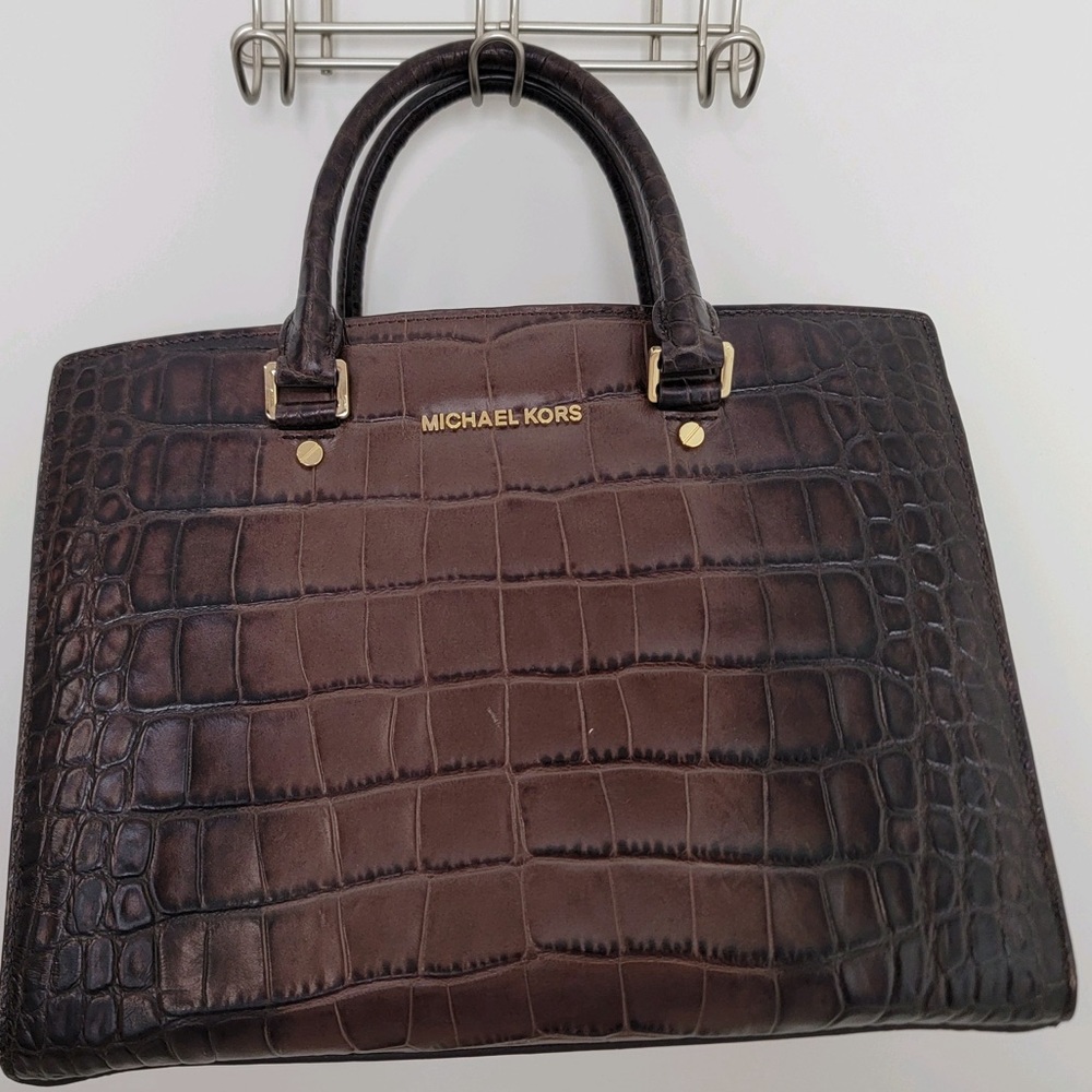 Michael Kors Selma Large Top Zip Satchel Leather Handbag, crocodile leather